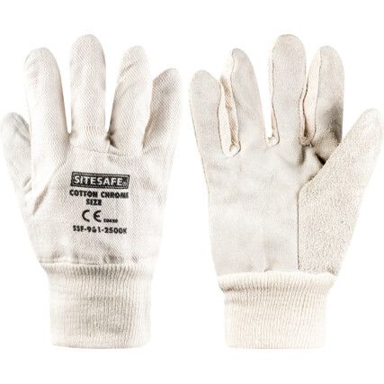 General Handling Gloves, White, Leather Coating, Cotton Liner, Size 10