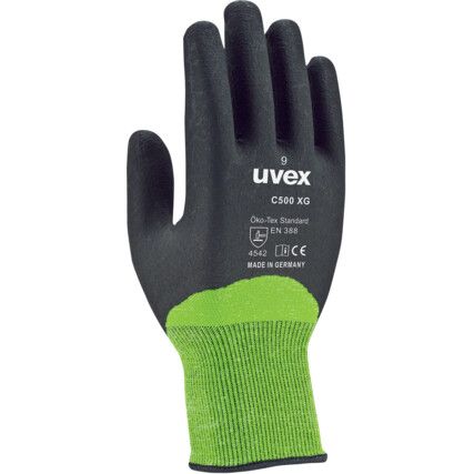Cut Resistant Gloves, Grey/Lime Green, HPE Back of the Hand & Palm, Bamboo-viscose Liner, EN388: 2016, 4, X, 4, 2, C, Size 9