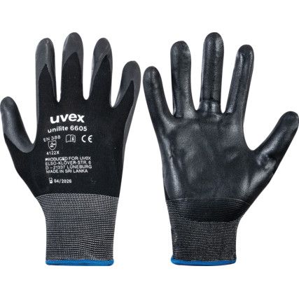 Unilite 6605 Mechanical Hazard Gloves, Black, Nylon Liner, Nitrile Coating, EN388: 2016, 4, 1, 2, 2, X, Size 7