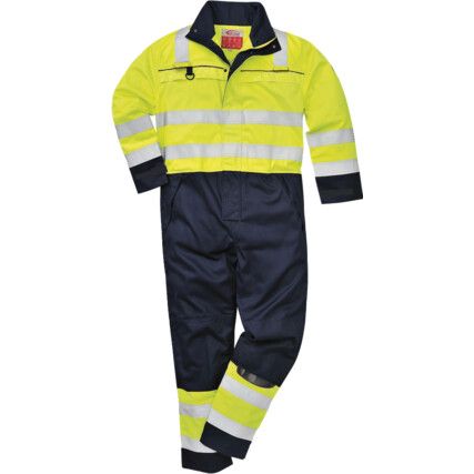 Flame Retardant Coveralls, Navy Blue/Yellow, Bizflame Multi, Stud Closure, Chest 40-42", M